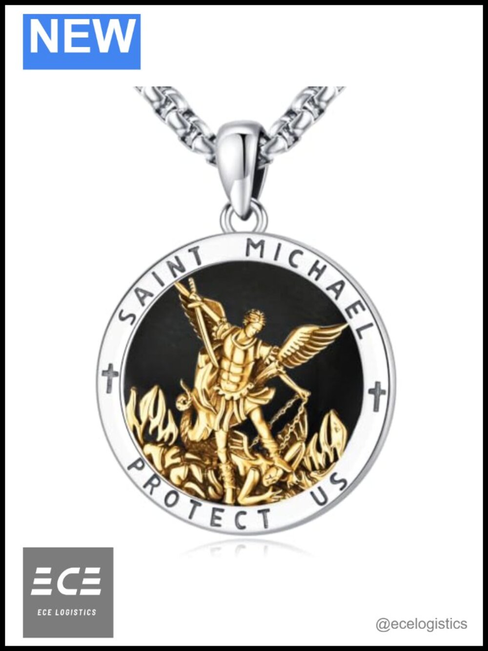 Archangel Michael Pendant Necklace 925 Sterling Silver Gold Plated Obsidian